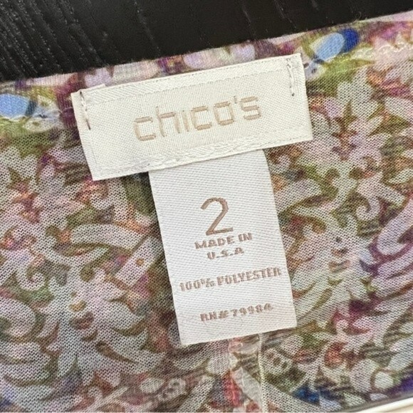 CHICO'S Colorful Print 3/4 Sleeve Knit Top Sz 2 Ties On Bottom BLING Rhinestone - Picture 5 of 9